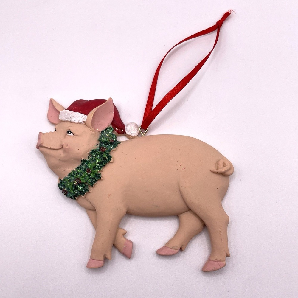 Christmas Pig In Santa Hat With Wreath Resin Glitter Christmas Ornament Farm